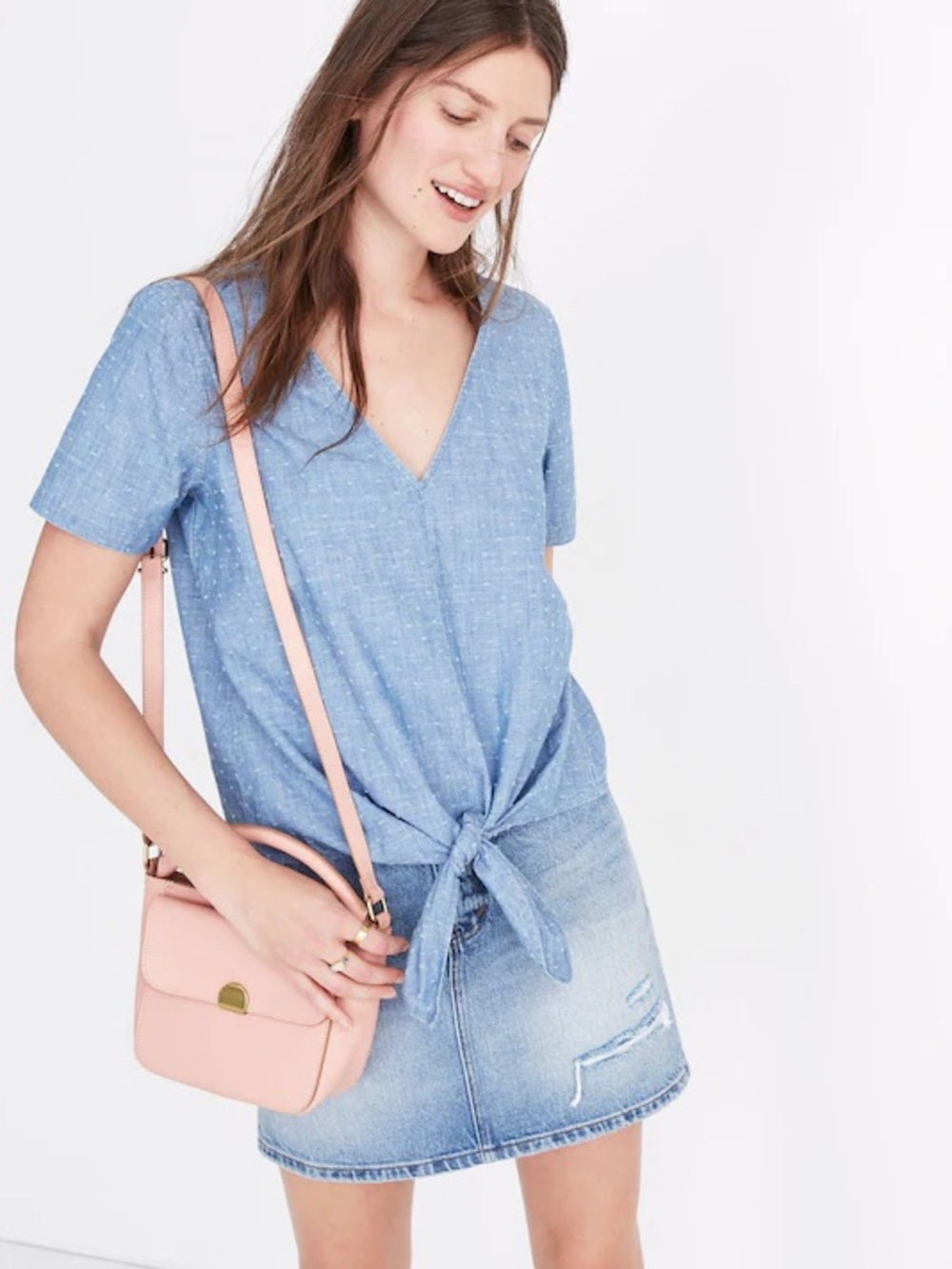 NWOT Madewell Chambray Novel Tie-Front Blue Short Sleeve Tie Top Size Small